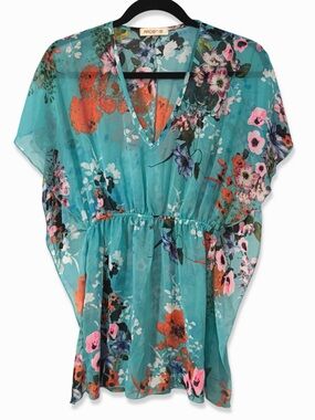 Arden B Turquoise Floral Sheer V-Neck Tunic Cover-Up